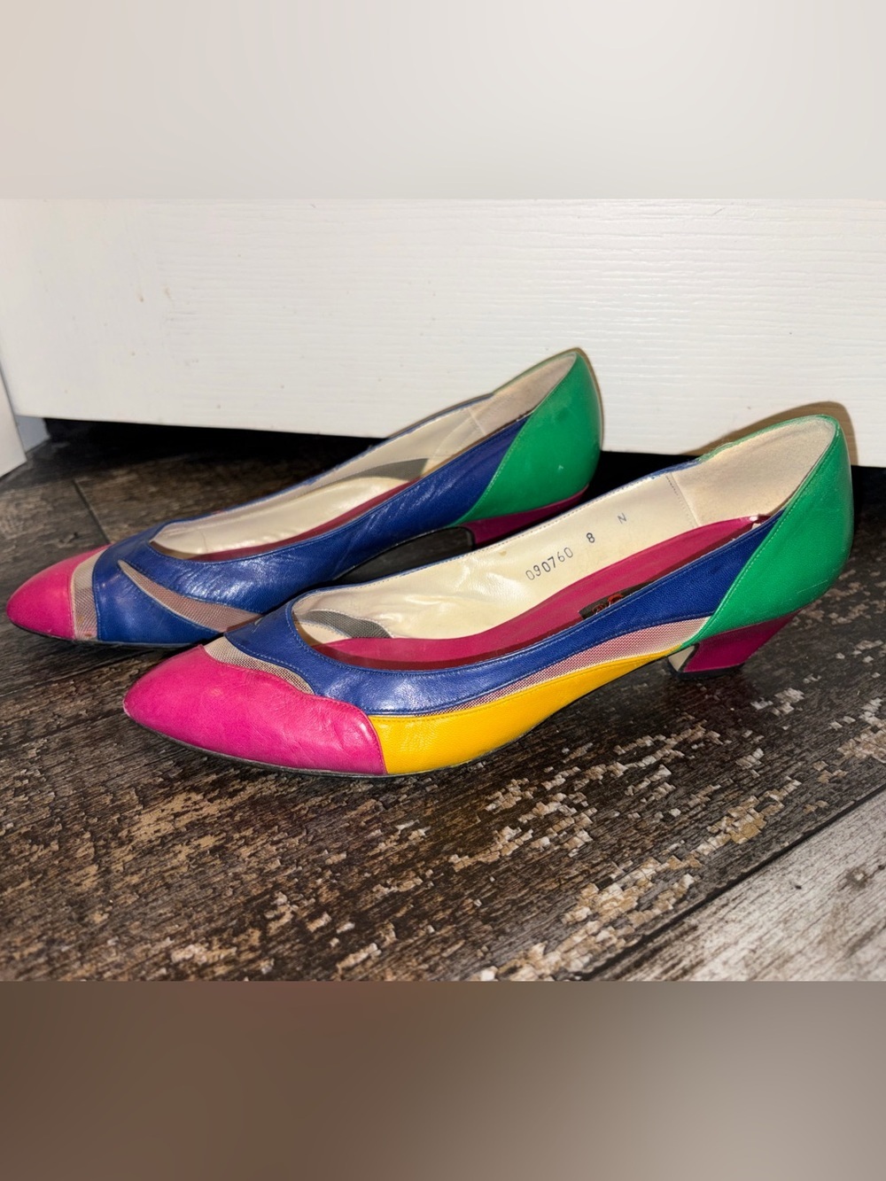 Proxy Vintage Multicolor Leather Kitten Heel Pumps - Pink, Blue, Yellow, Green